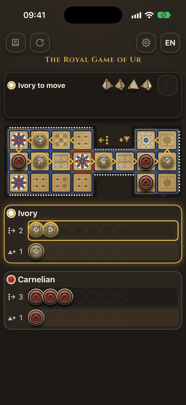 The Royal Game of Ur app — a game in progress, with ivory and carnelian pieces on the board, the dice, and an Ivory to move indicator